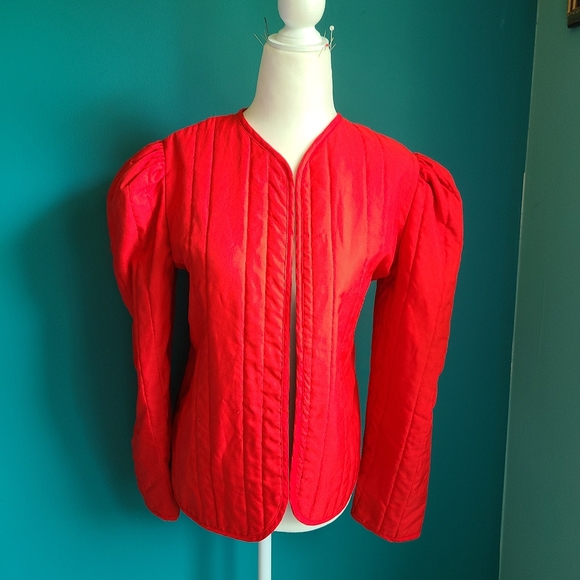 Vintage quilted puff shoulder jacket, red, size medium, - Picture 1 of 8